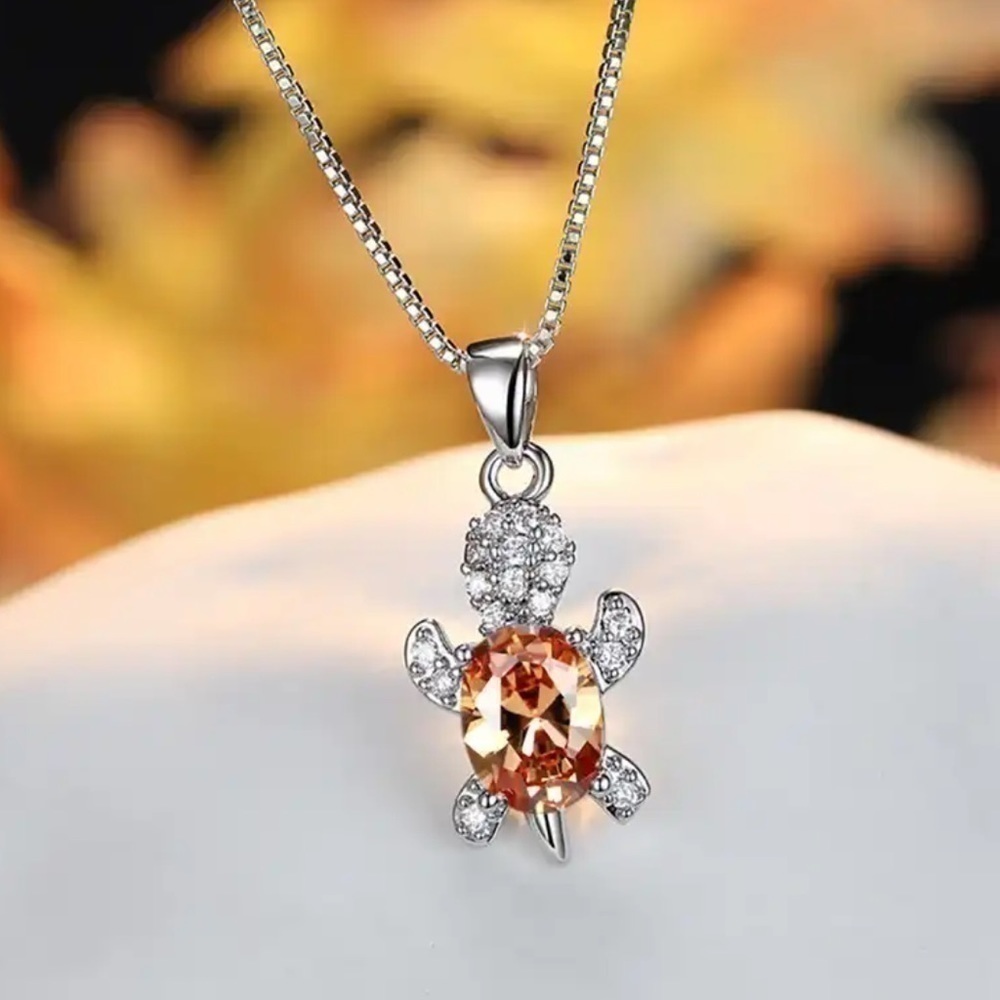 “Just Keep Swimming” Champagne Pink Turtle Diamond Sterling Silver Gift Necklace - Picture 12 of 12